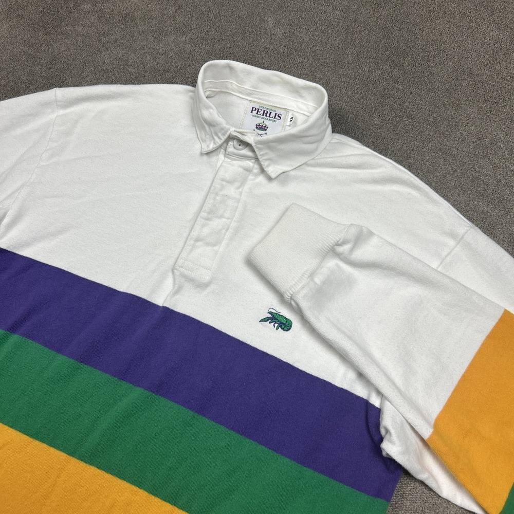 Perlis Mardi Gras Rugby Shirt Mens XS White Green Yellow Made In USA Crawfish